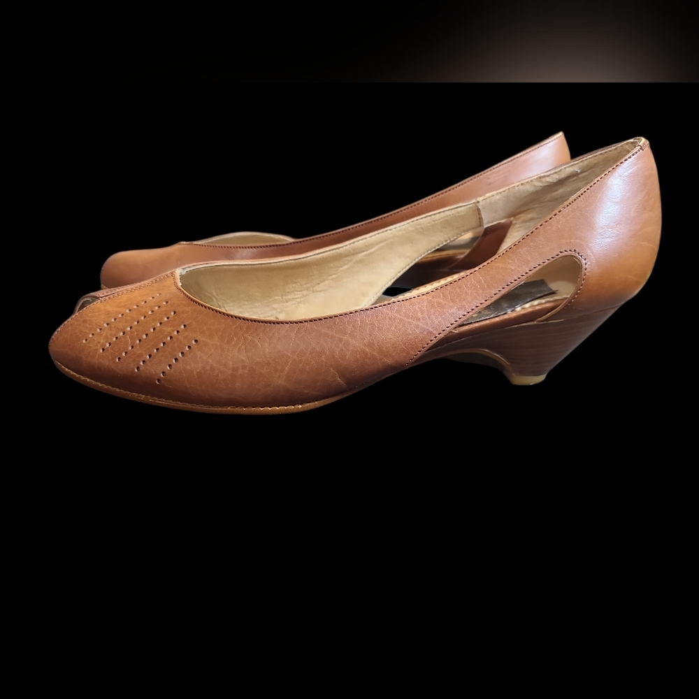 Brown Leather Peep-Toe Women's Flats - Picture 4 of 5